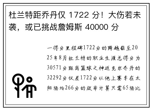 杜兰特距乔丹仅 1722 分！大伤若未袭，或已挑战詹姆斯 40000 分